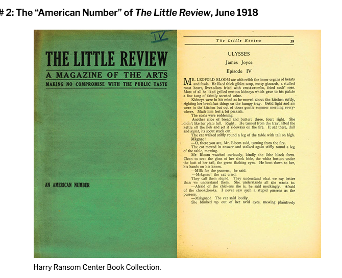 The green cover of the American Number of The Little Review, June 1918, beside page 39 printing the opening of Episode IV of Ulysses.