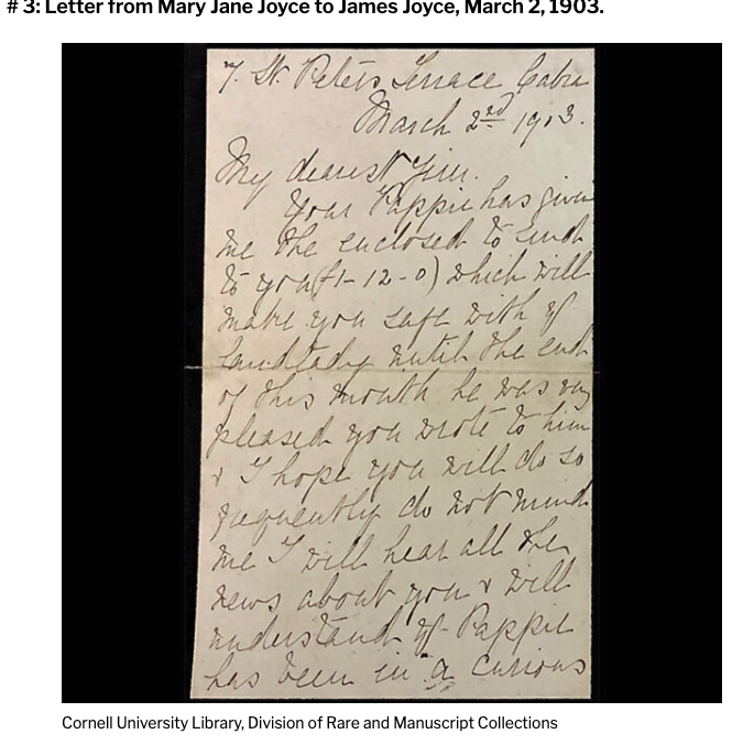 A handwritten letter of 2 March 1903 from Mary Jane Joyce in Cabra to her son James Joyce in Paris.