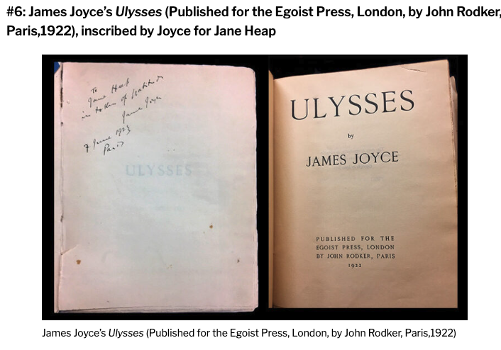 An open copy of the 1922 Egoist Press Ulysses, showing Joyce's handwritten inscription to Jane Heap on the flyleaf beside the printed title page.