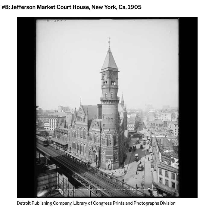 A photograph of about 1905 showing the Jefferson Market Court House in New York, a tall Victorian brick tower beside an elevated railway.