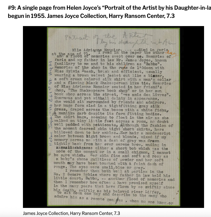 A typescript page from Helen Joyce's memoir 'Portrait of the Artist by his Daughter-in-law', recalling Adrienne Monnier and Sylvia Beach in Paris.