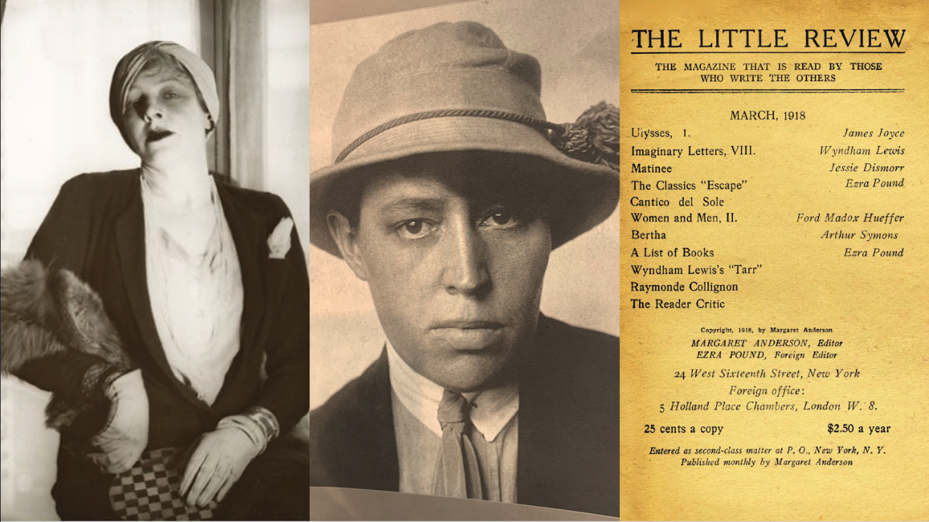 A slide showing portraits of Margaret Anderson and Jane Heap beside the contents page of The Little Review for March 1918, which opens with 'Ulysses, 1. James Joyce'.