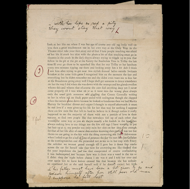 A printer's proof page of the Penelope episode of Ulysses, with James Joyce's handwritten additions in the top and bottom margins.
