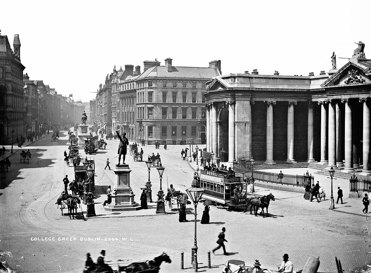 Historical photograph of College Green in the centre of Dublin city